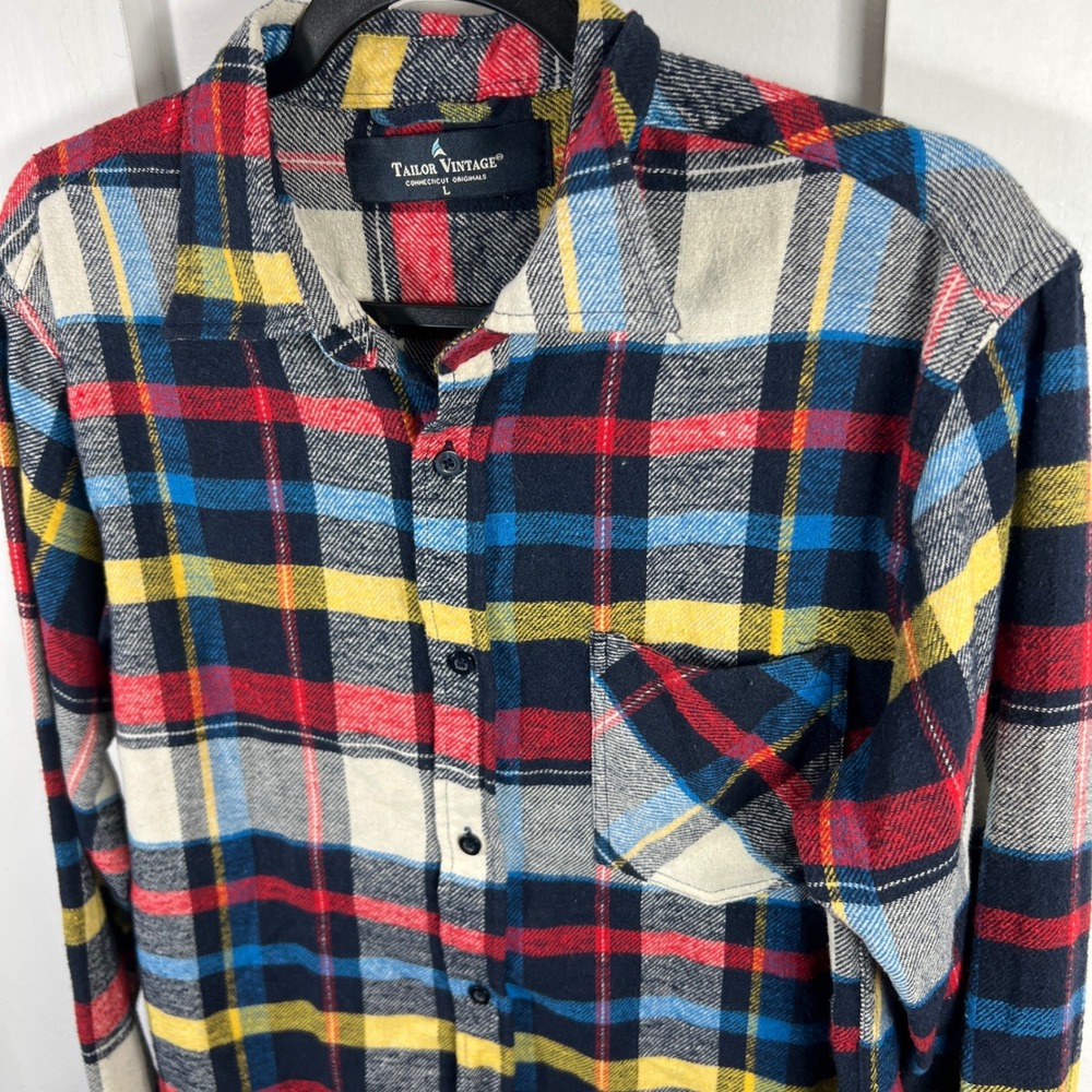 Tailor Vintage Bogan Mens Large Plaid Flannel Shirt Multi Color Button Down